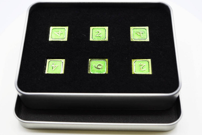 6 piece Metal D6s - Green and Gold