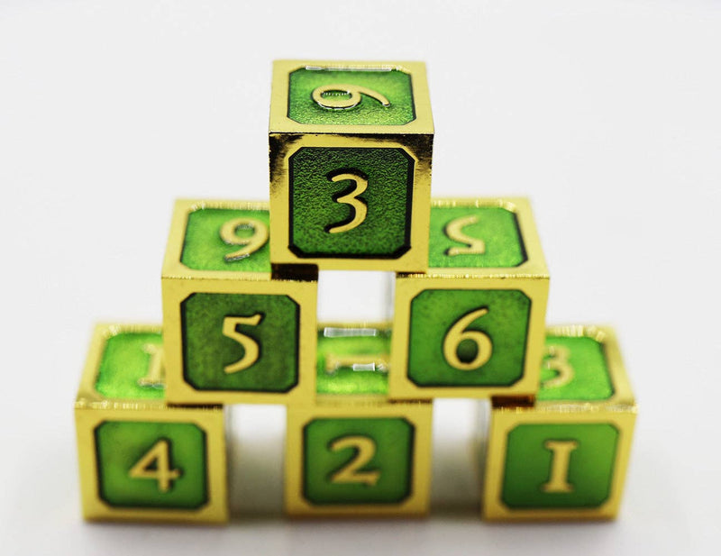 6 piece Metal D6s - Green and Gold