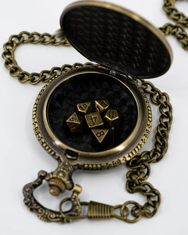 Emberglow Dice: Bloodaxe: Brass Pocket Watch with 7 Piece Micro Mini Metal Dice Set