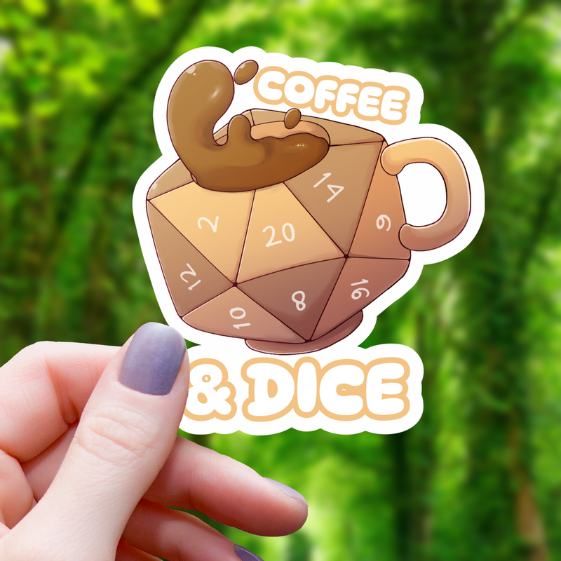 Coffee And Polyhedral Dice Text Sticker - 3"