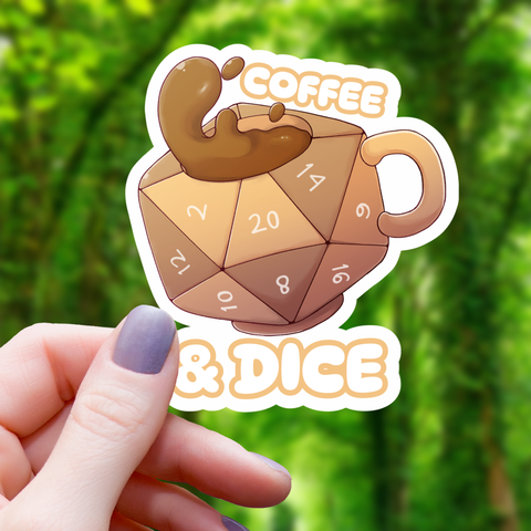 Coffee And Polyhedral Dice Text Sticker - 3"